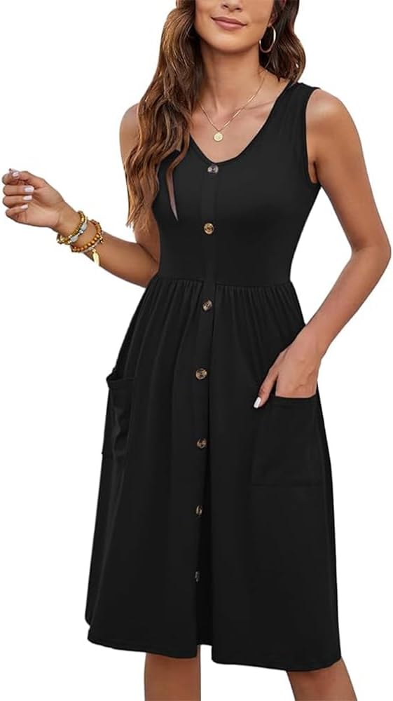 GQ Women Summer Dresses Sleeveless Casual Loose Swing Button Down Midi Dress with Pockets